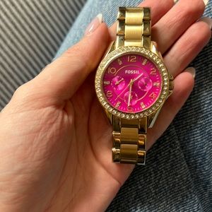 Riley Multi-Function Pink Dial Gold-tone Ladies Watch